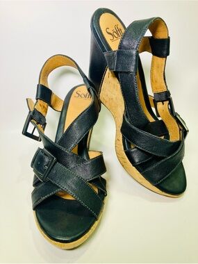 Vtg Söfft Black Crisscross Leather Goldflecked Cork Wedge Platform Sandal W Sz10